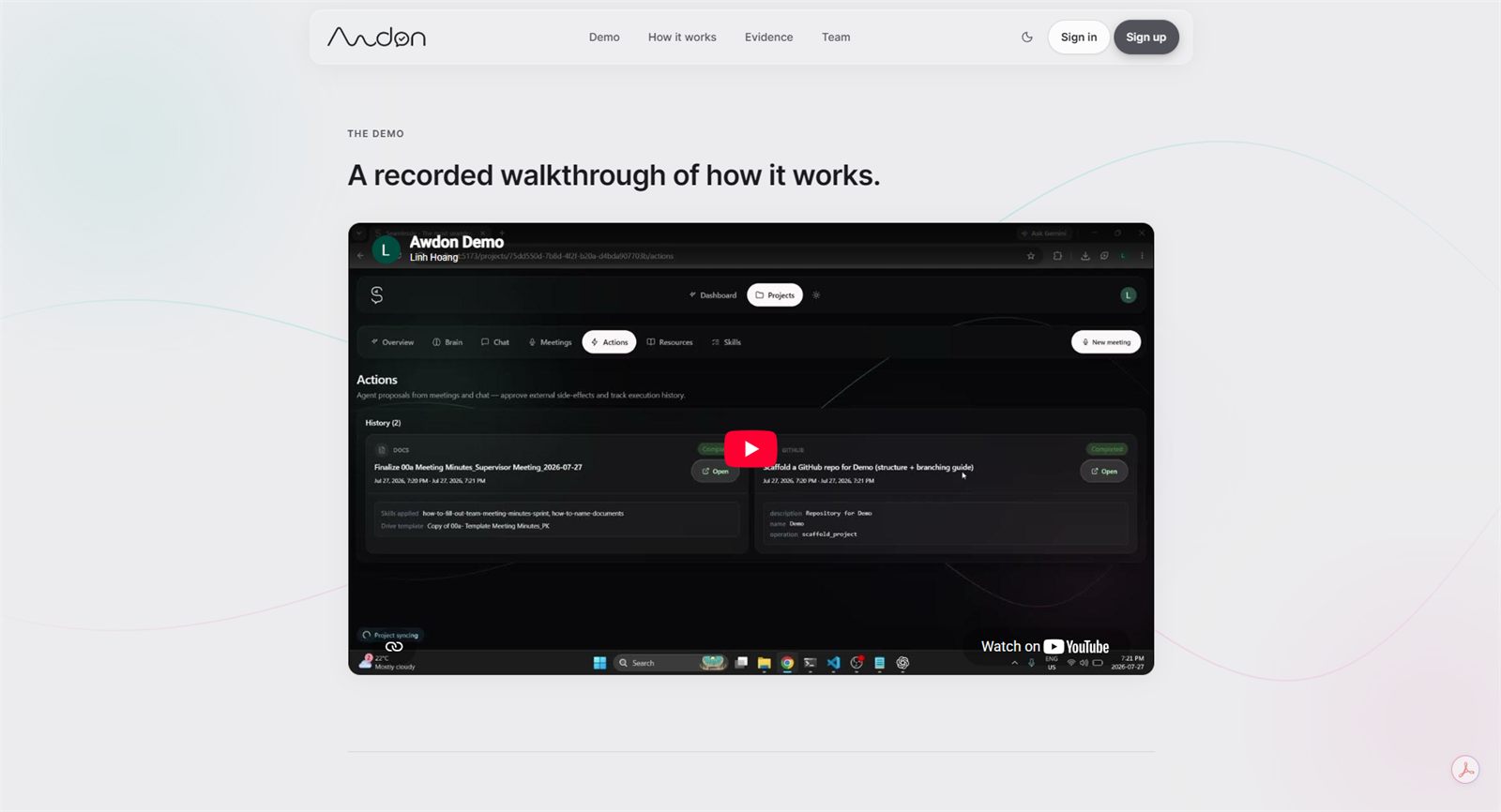 Awdon actions view, showing agent proposals from meetings with their execution history