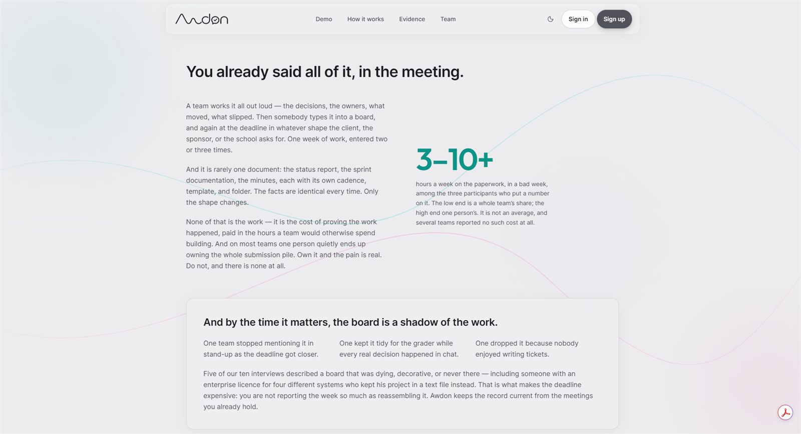 Awdon research page, showing the interview findings behind the product