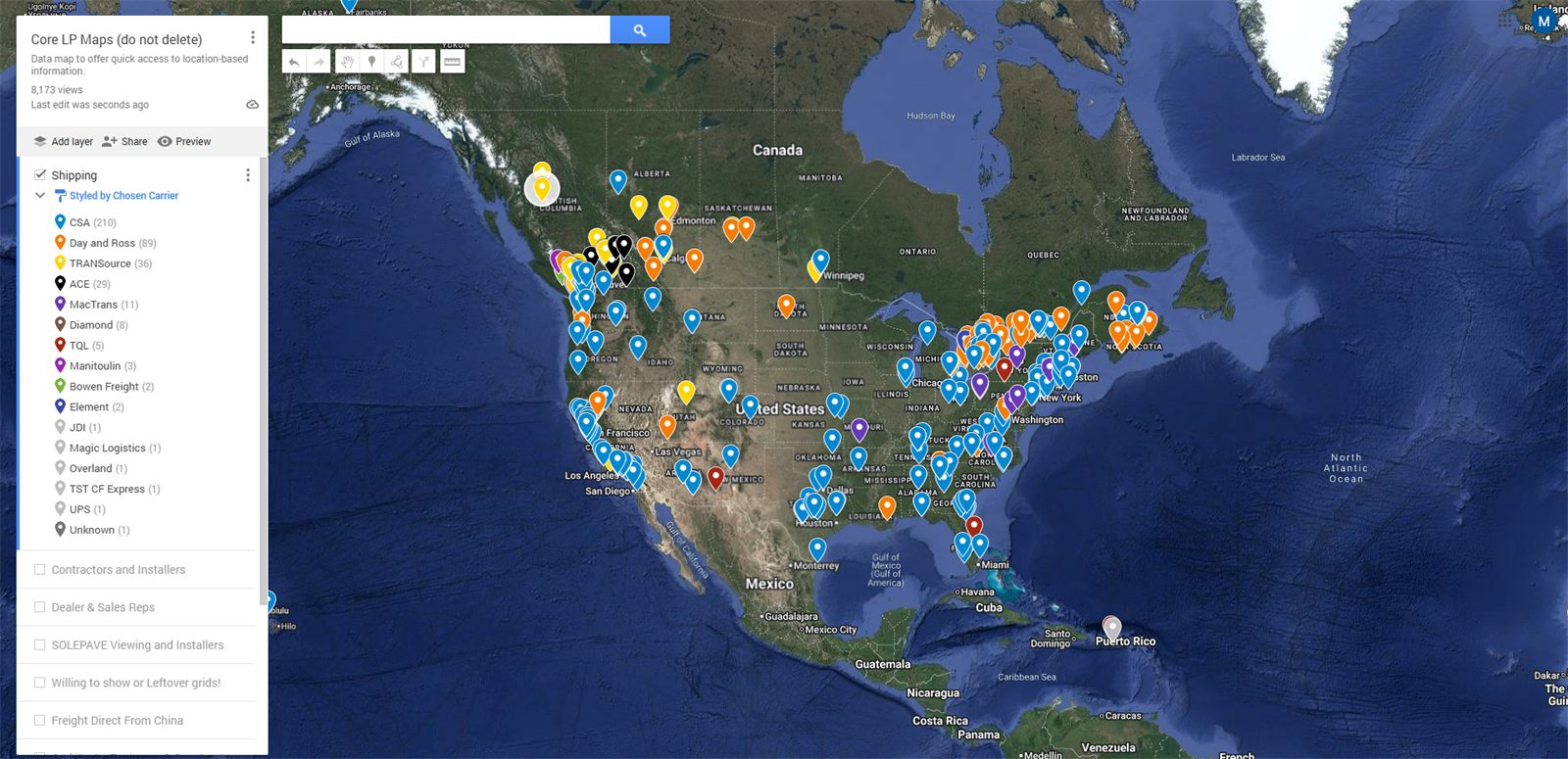 Shipping destinations across North America, plotted and colour-coded by freight carrier