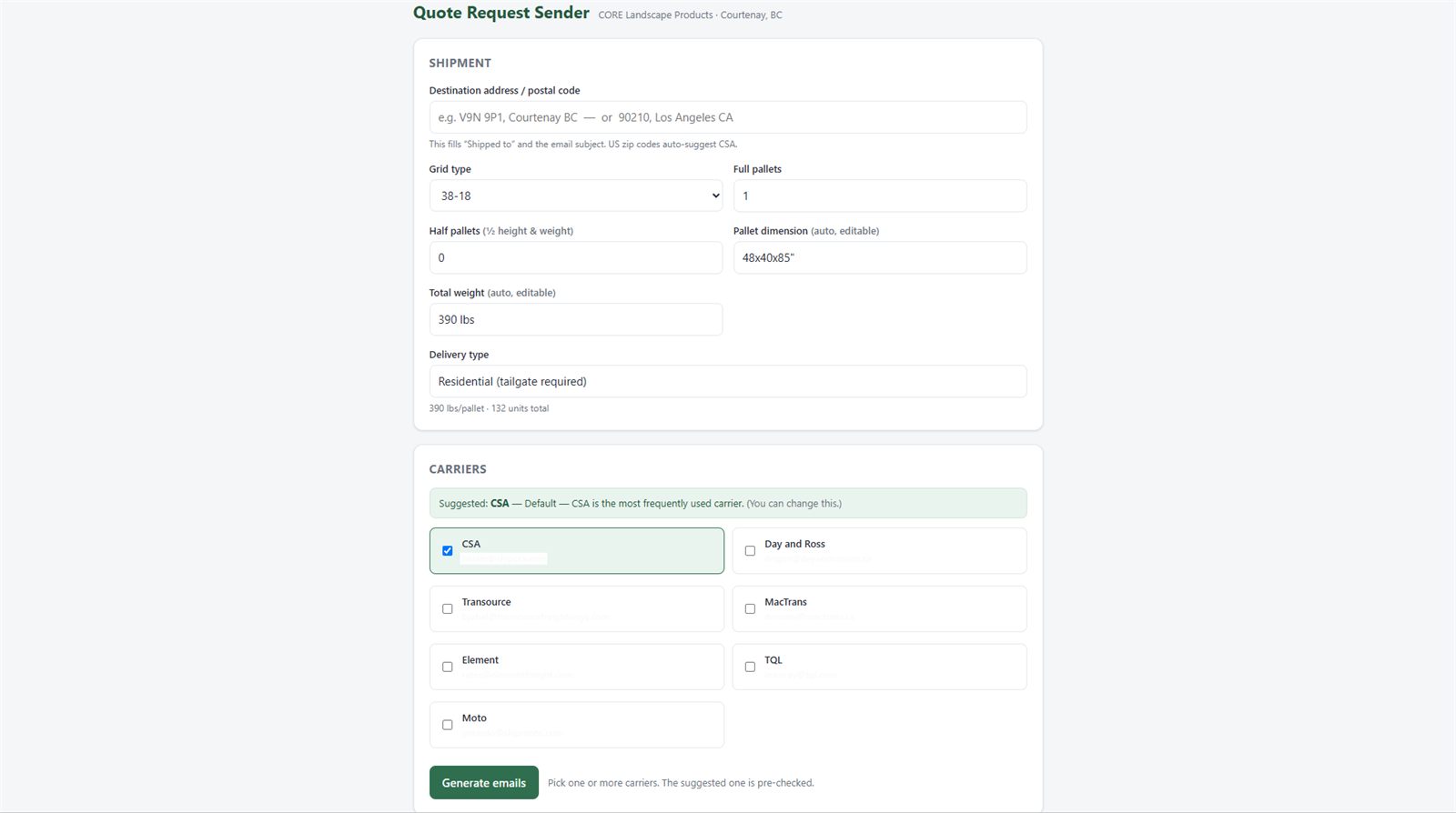 Quote Request Sender tool, showing shipment details and carrier selection